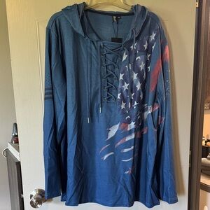 Blue Lace-Up Hoodie with American Flag Design